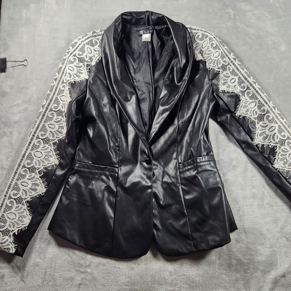 Venus Lace Embellished Black‎ Faux Leather Jacket Size 8